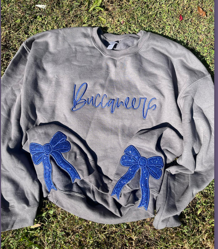 Side Bow Glitter Appliqué Embroidered Sweatshirt Wtih Optional Script Mascot/Custom Word