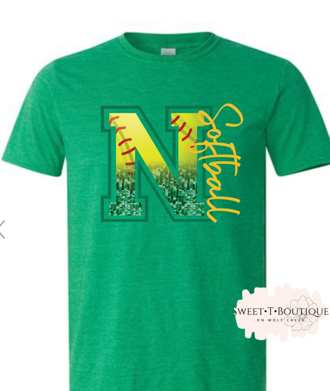 Narrows Green Wave Softball Faux Glitter Sweet T