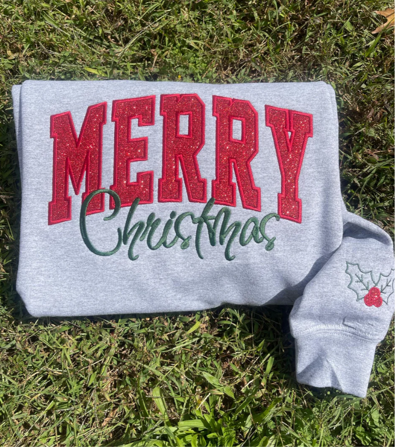 Merry Christmas Glitter Appliqué W/ Optional Sleeve Icon And Optional Side Hem Bows