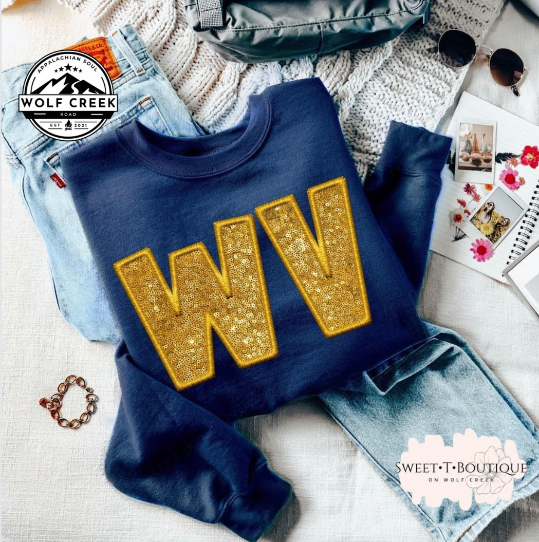 WV Faux Ebroidery And Glitter Crewneck Sweatshirt