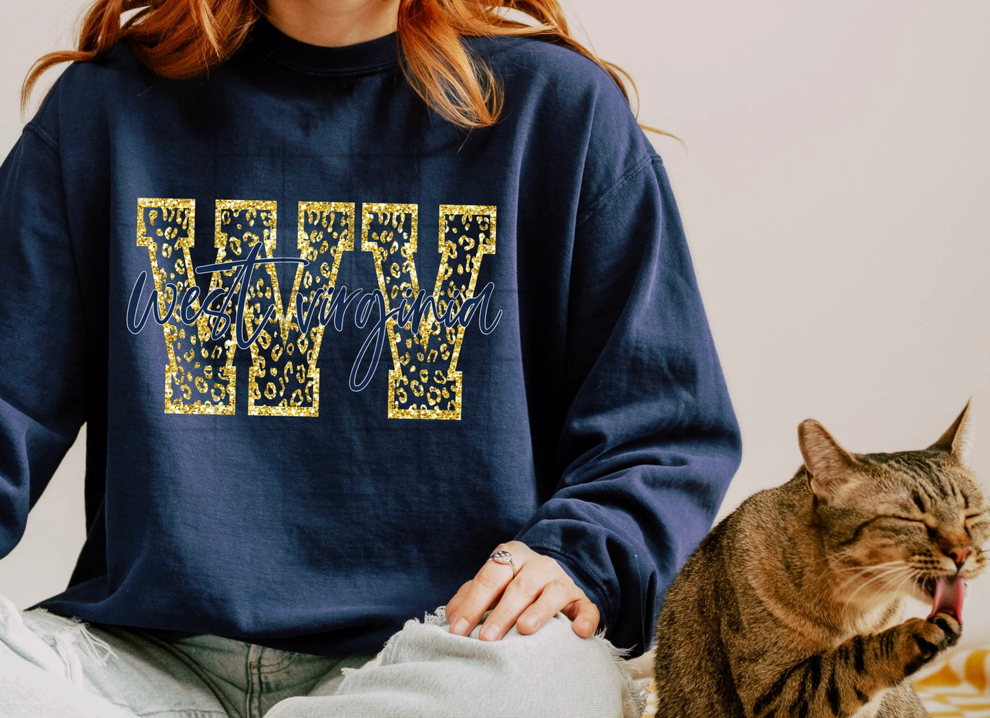 WV West Virginia Faux Glitter Cheetah/Leopard Crewneck Sweatshirt