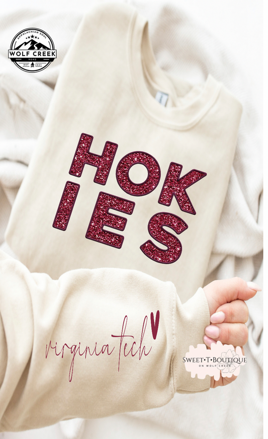 HOKIES Faux Ebroidery And Glitter Crewneck Sweatshirt