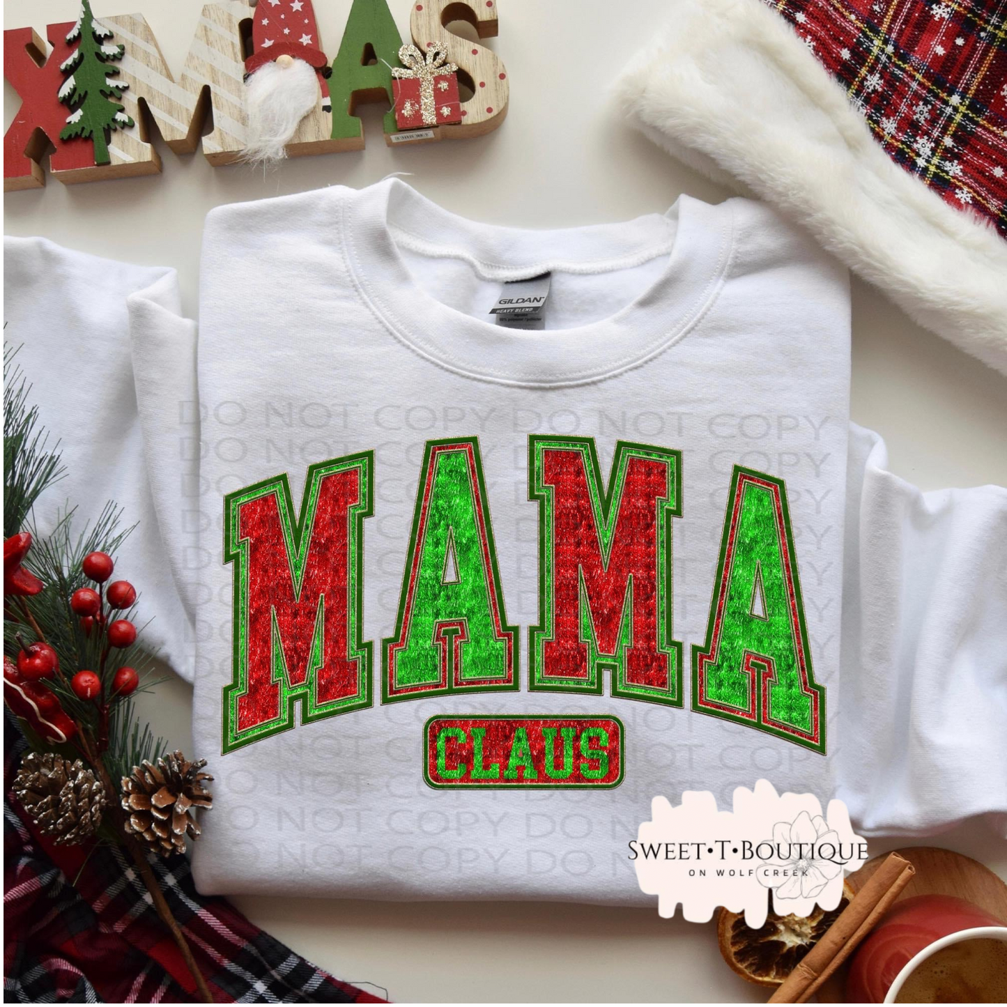 Mama Claus Faux Embroidered And Faux Sequin Crewneck Sweatshirt