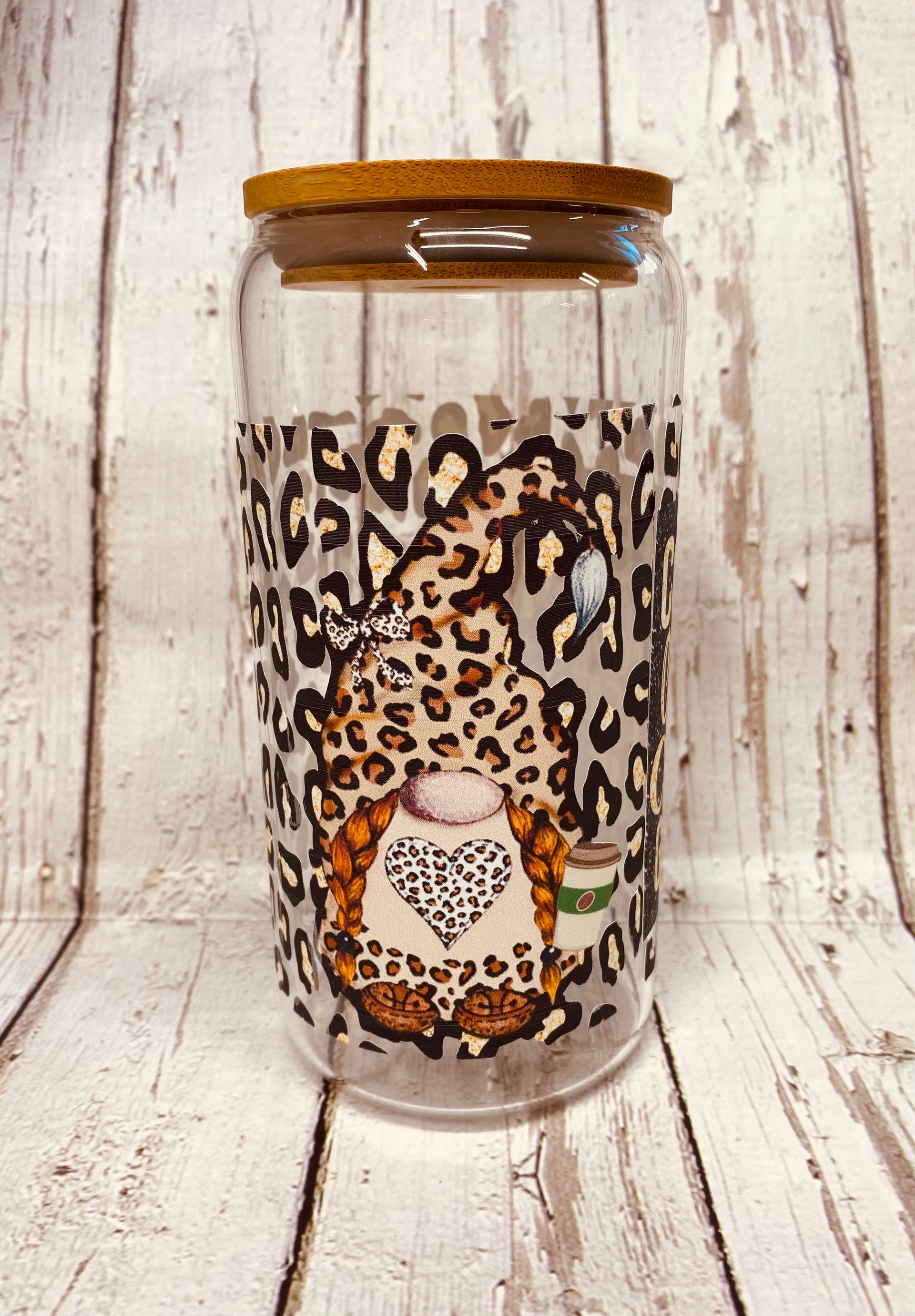 Leopard 16oz Glass Can WITH Bamboo Lid and Straw Iced Coffee 