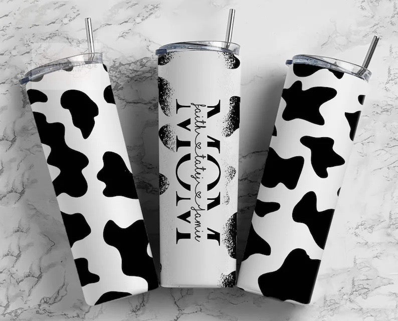 20 Oz Cow Print Mom With Names Tumbler