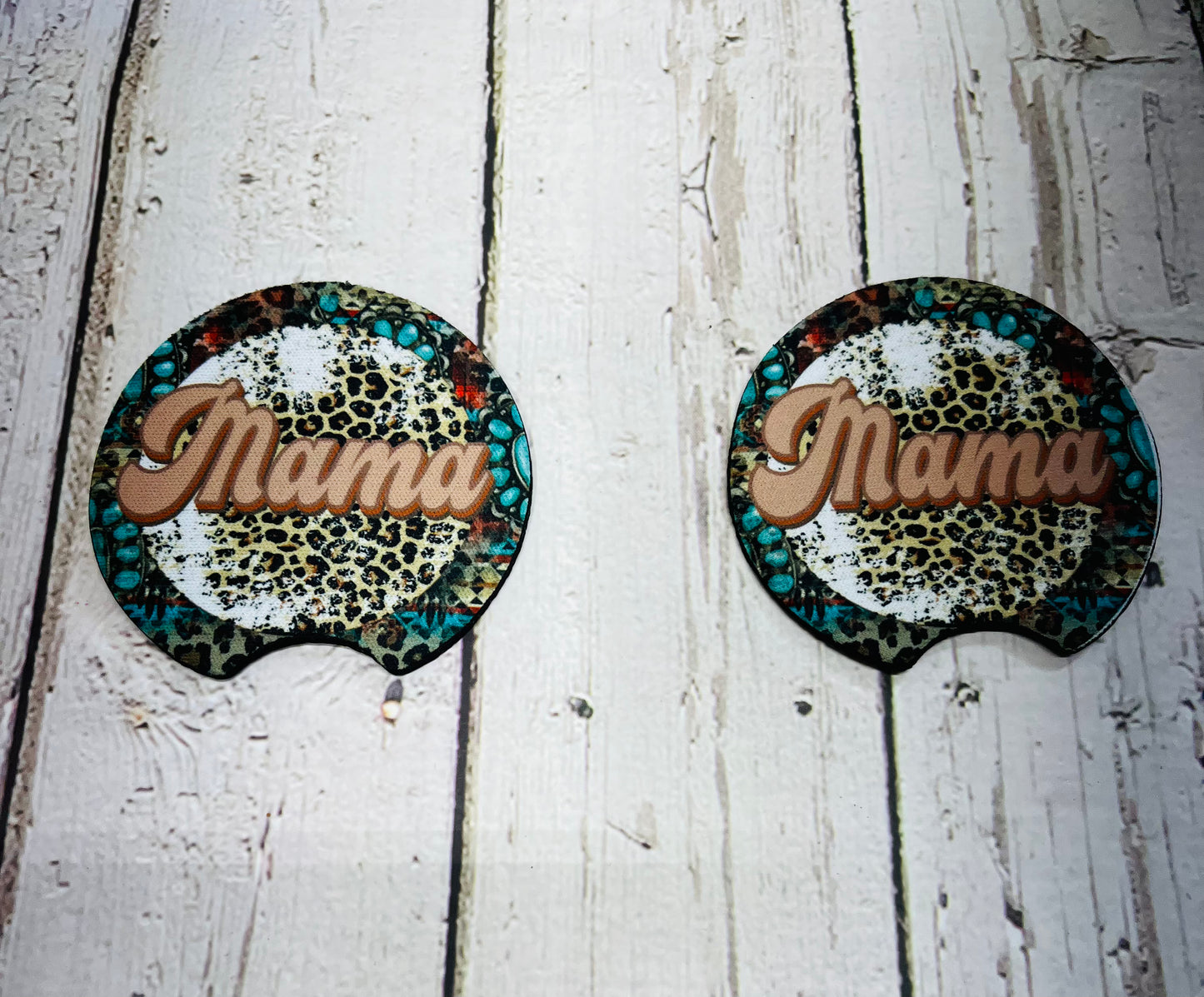 Turquoise And Leopard Mama Car Coaster