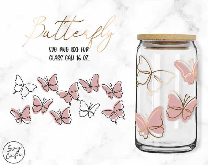 16 oz Butterfly Line Art Iced Coffee Glass