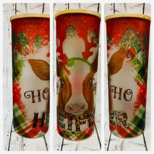 25 oz Christmas/Heifer Cow Iced Coffee/Beer Can Glass