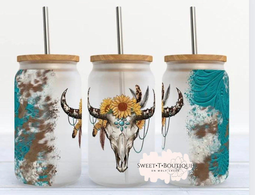 16 Oz Turquoise Western Cowhide Sunflower Skull Iced Coffee/Beer Can Glass