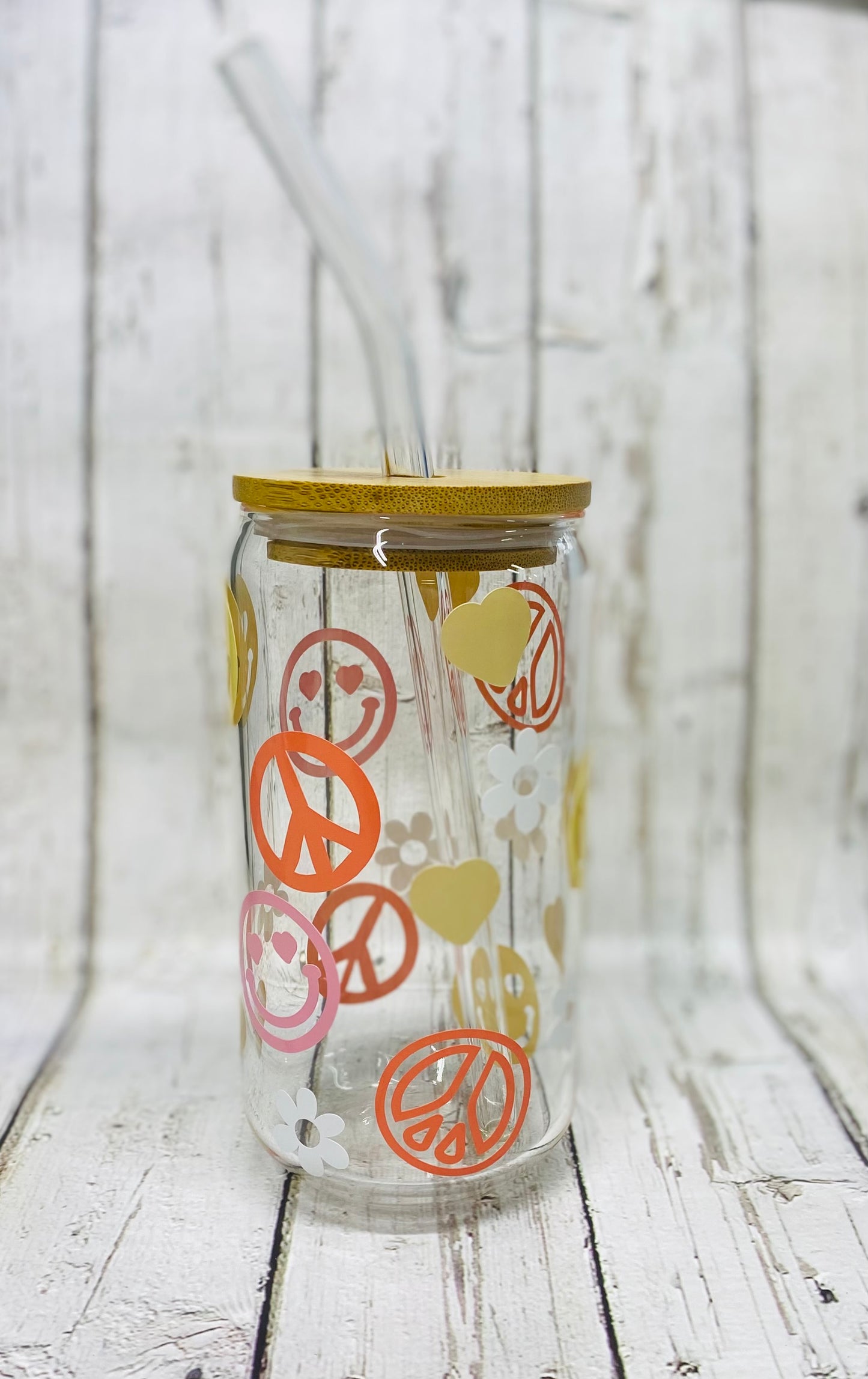 Smiley Face And Peace Signs Iced Coffee/Beer Can Glass