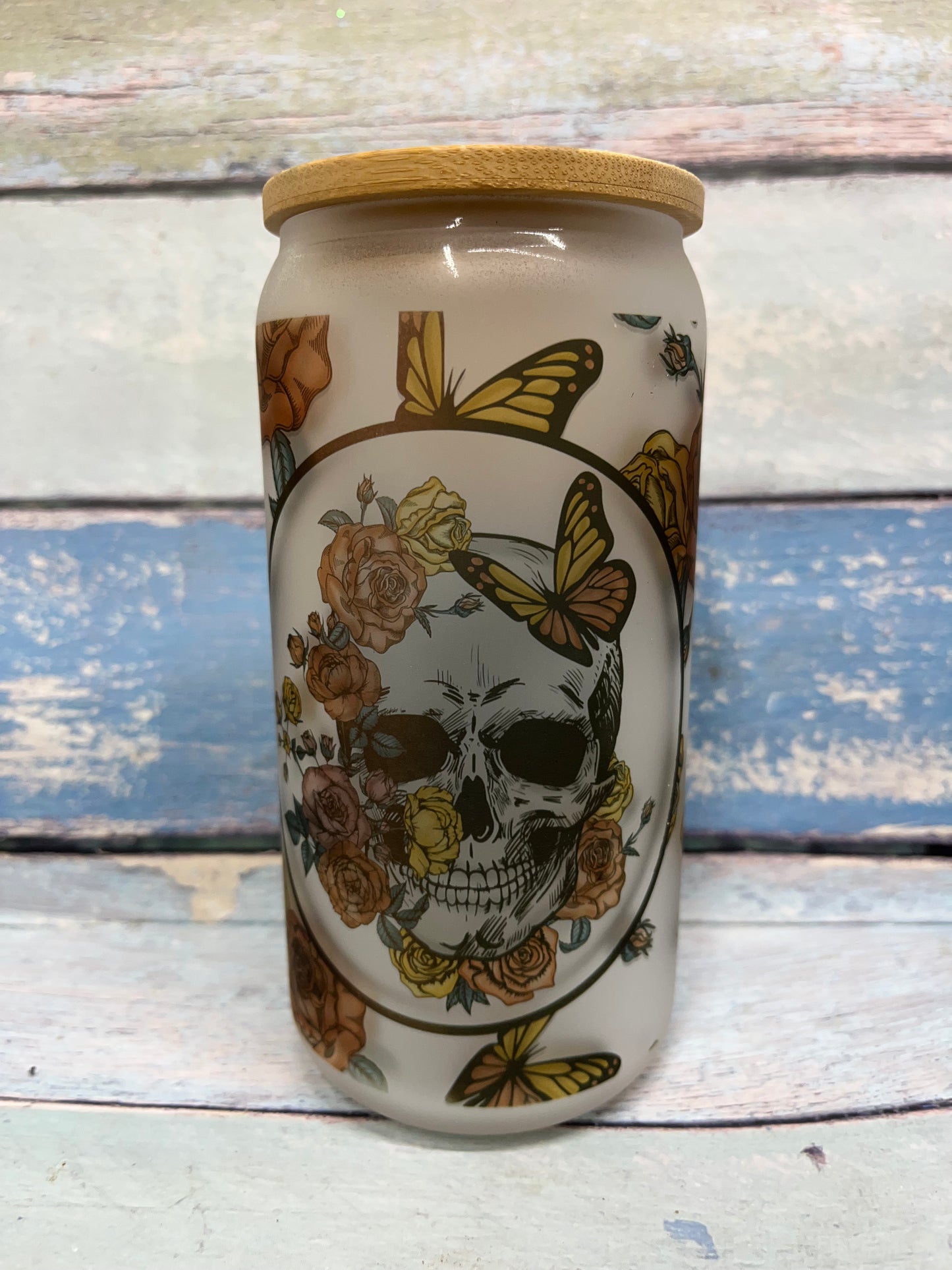 16 Oz Skull And Butterflies  Iced Coffee Glass