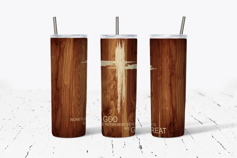 20 Oz Wood Cross Work For God  Tumbler