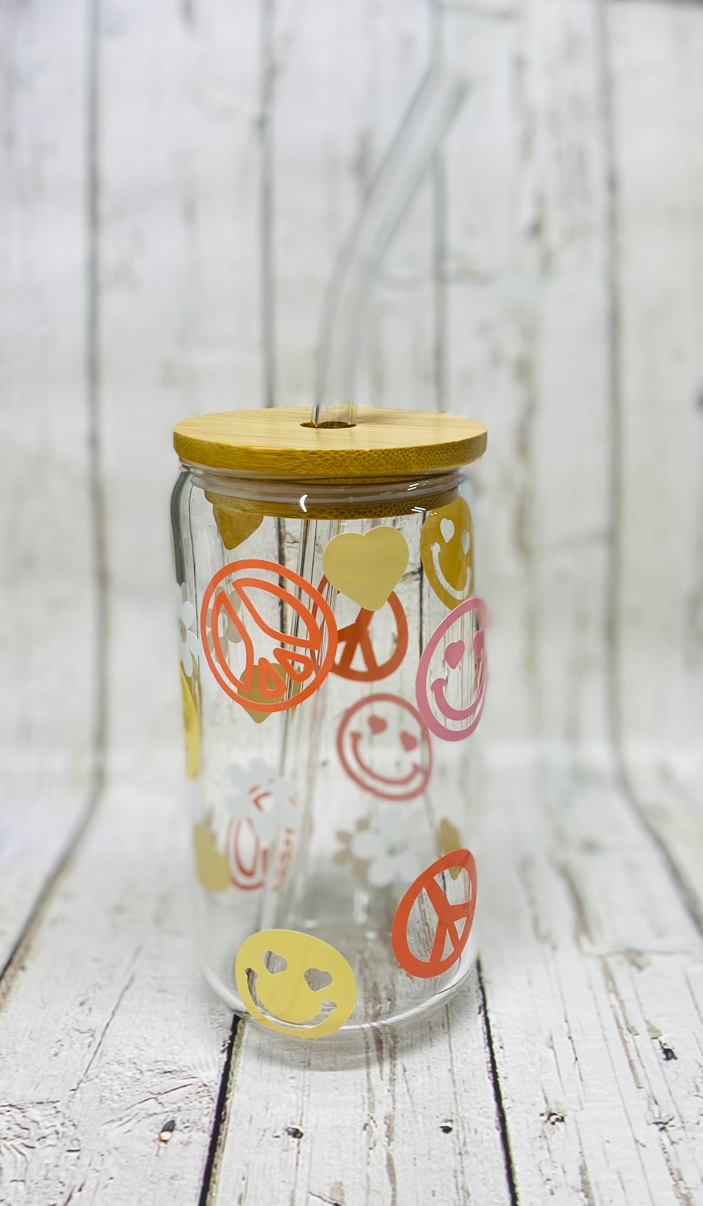 Smiley Face And Peace Signs Iced Coffee/Beer Can Glass