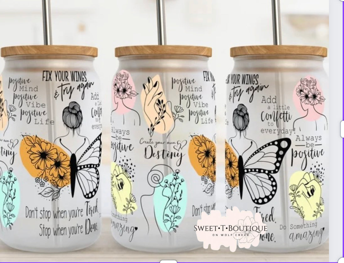 16 Oz Butterfly Positive Thoughts Iced Coffee/Beer Can Glass