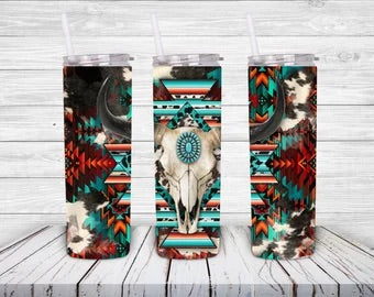 20 Oz Turquoise And Serape Skull Tumbler