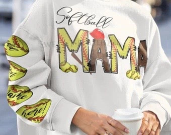 Softball Mom, Mama, Etc… Heart On Her Sleeve Crewneck