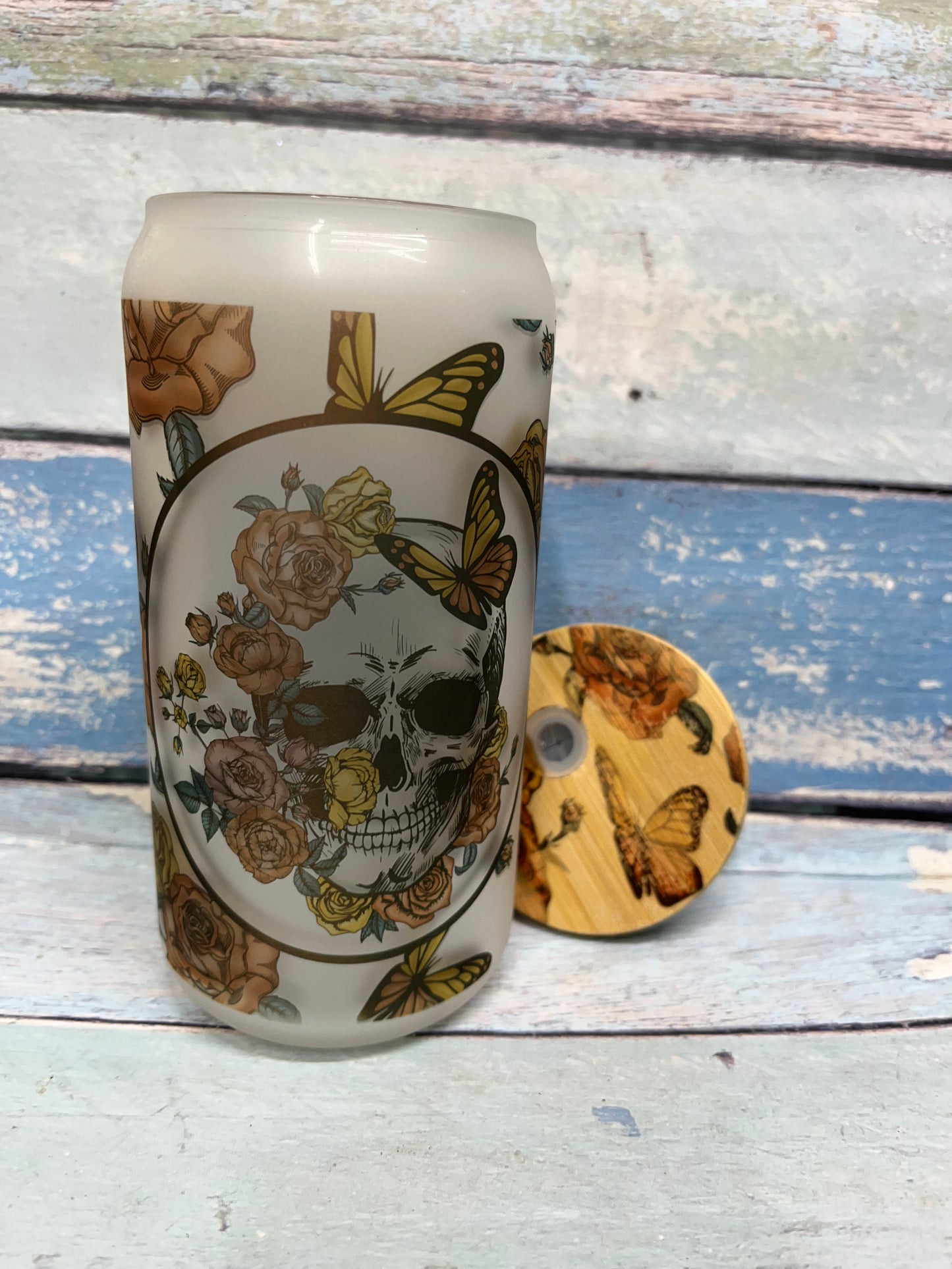 16 Oz Skull And Butterflies  Iced Coffee Glass