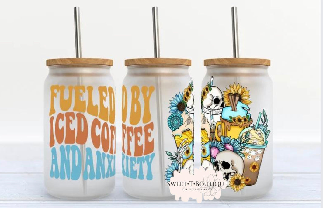 16 Oz Skull/Skellie Fueled By Iced Coffee And Anxiety Iced Coffee/Beer Can Glass