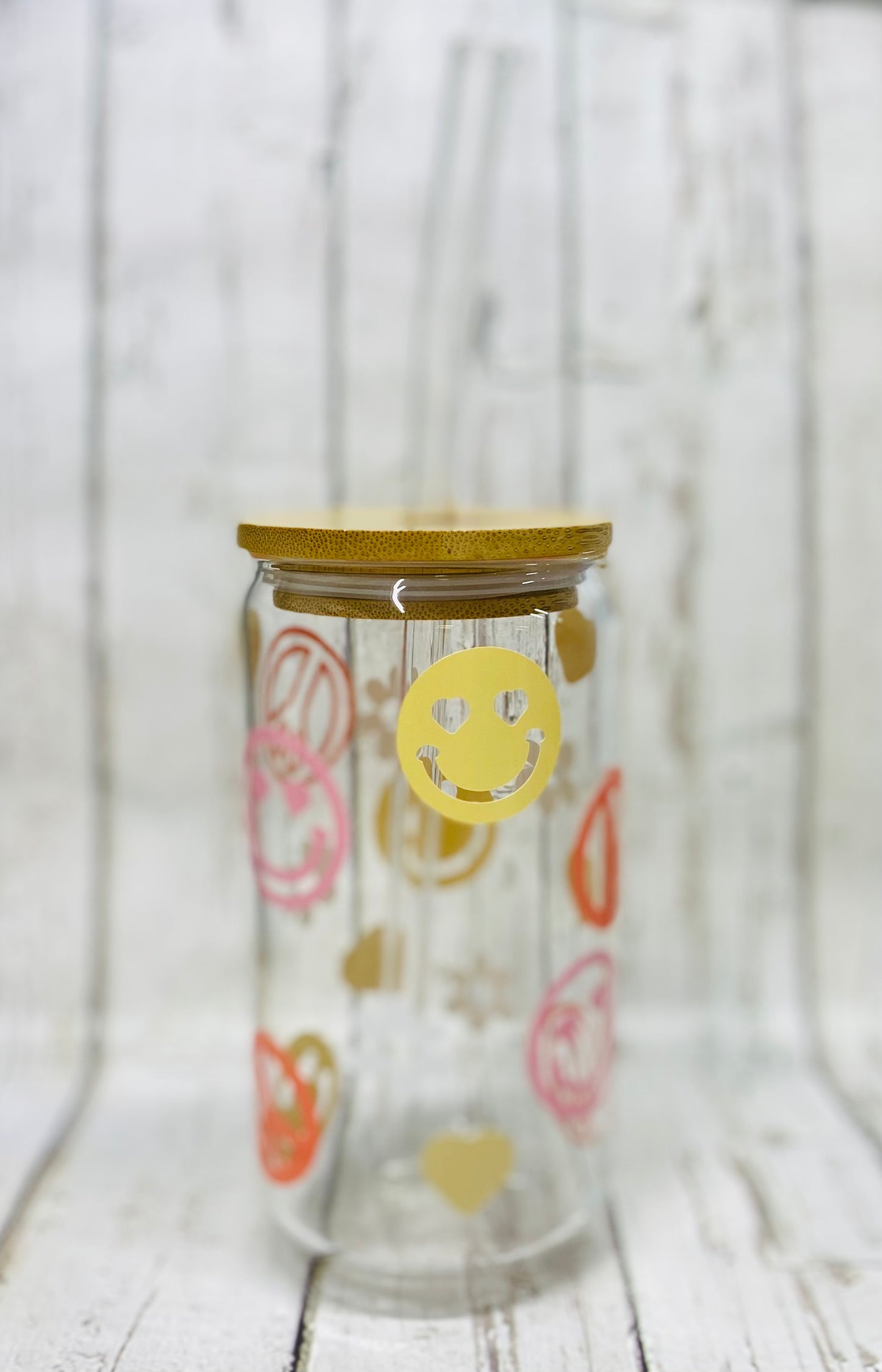 Smiley Face And Peace Signs Iced Coffee/Beer Can Glass