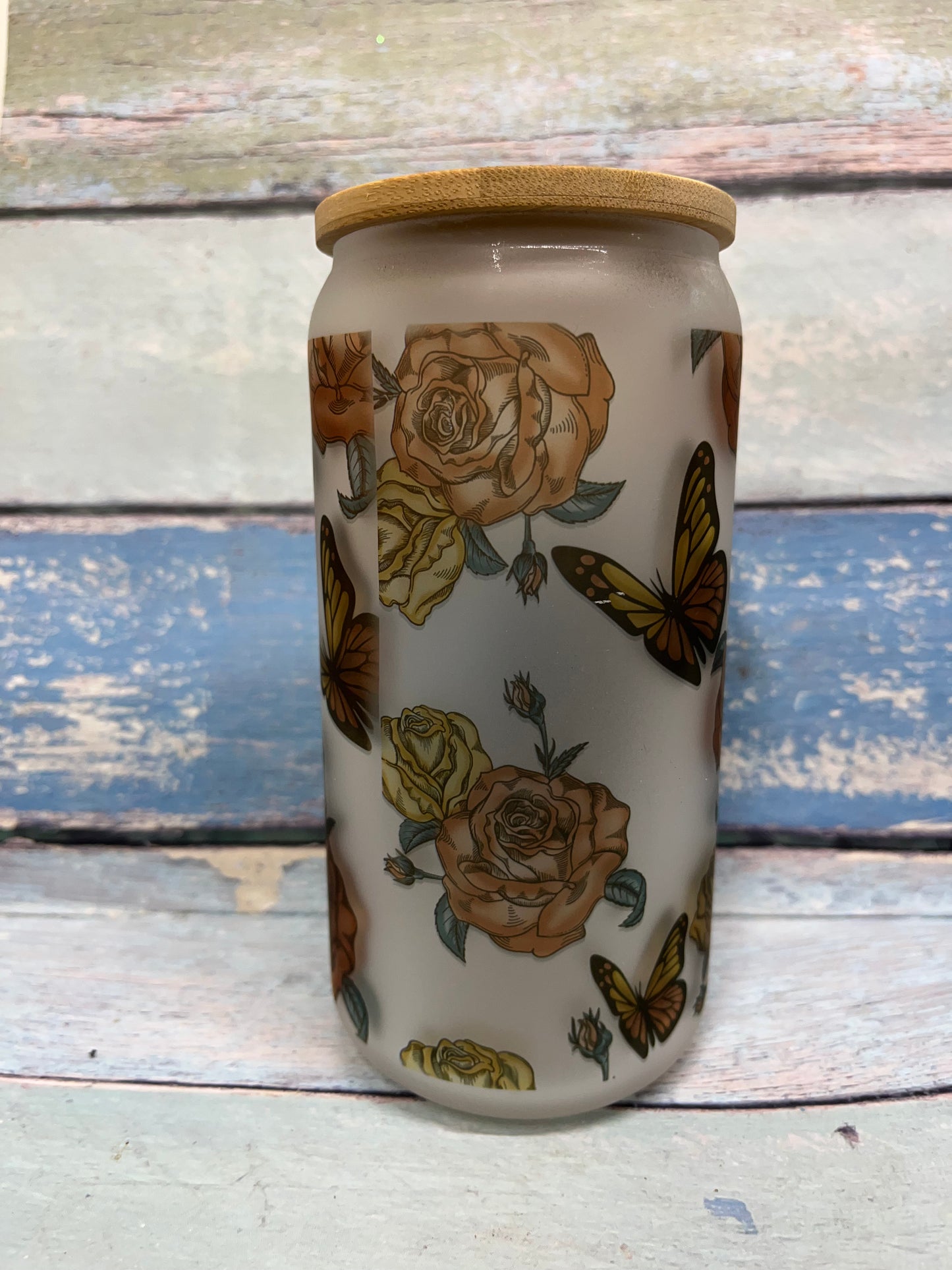 16 Oz Skull And Butterflies  Iced Coffee Glass